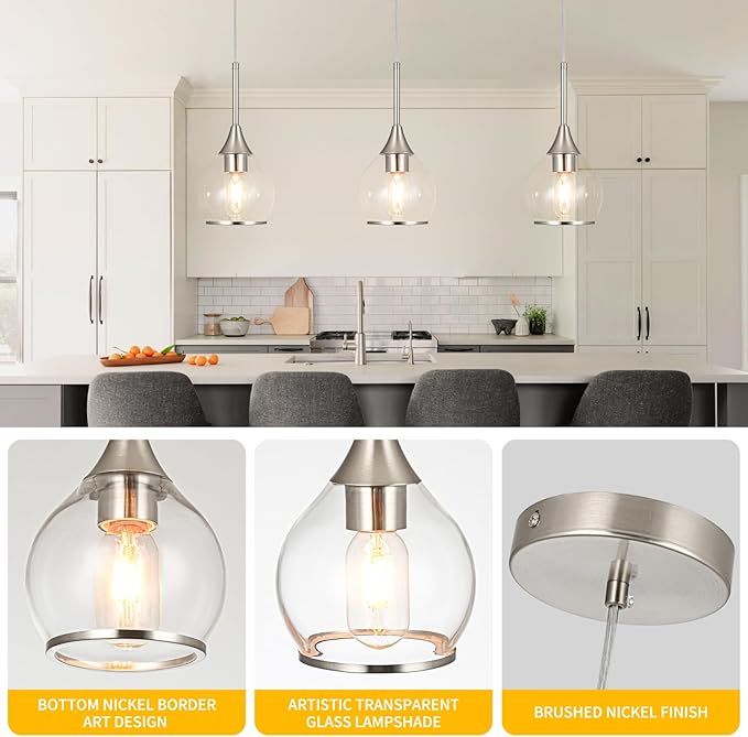 1-Piece Island Light for Kitchen, 1-Light Brushed Nickel Kitchen Island Hanging Pendant Light, Brushed Nickel Dining Room Light Fixture Over Table with Clear Round Glass Shade