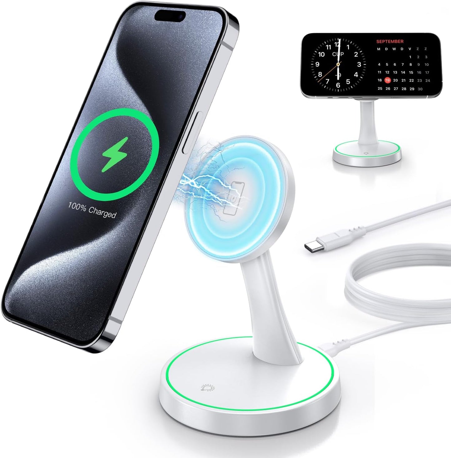Magnetic Wireless Charger Stand 15W Fast Mag-Safe Charger for iPhone 16/16 Pro/16 Plus/16 Pro Max/15/14/13/12 Series Magnet Wireless Charging Station/Pad with Sleep-Friendly Light for AirPods