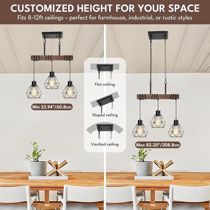 3-Light Kitchen Island Pendant Lighting Over Island - Adjustable Height Linear Chandelier for Dining Room with Diamond Shades, Farmhouse Black Metal & Rustic Wood Ceiling Light Fixture, E26 Base