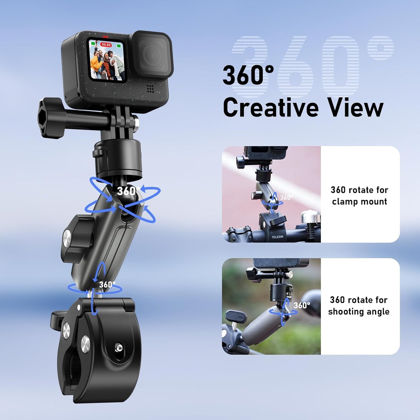 TELESIN° S2 Quick Release Clamp Bike Mount Motorcycle Handlebar Holder, Roll Bar Tube Clip Mounting Accessories for GoPro13 12 11 10 9 8 7 Go Pro Max Insta360 X3 X4 X5 Ace Pro DJI Action 3 4 Pocket 3
