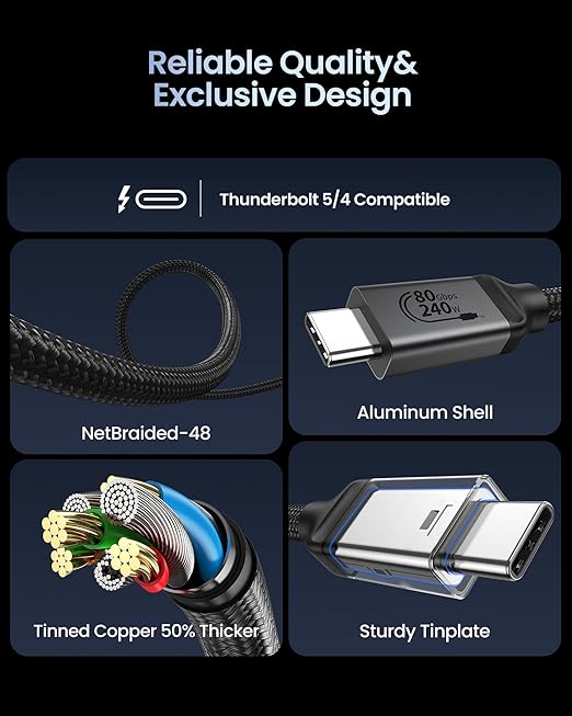 Silkland 80Gbps USB 4 for Thunderbolt 5 Cable 1FT, 240W PD 3.1 Charging, up to 120Gbps Bandwidth for Dual 8K, Braided USB C Data Cable Compatible Thunderbolt 4/5, SSD, MacBook M4 Pro, iPhone17/16,Dock