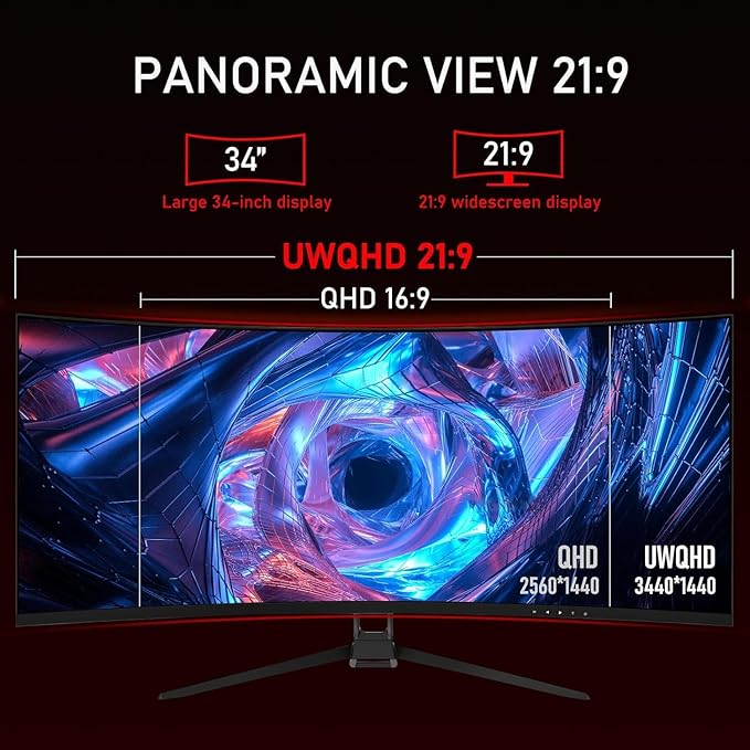 ZZA 34 Inch Monitor Curved Ultrawide,34 Inch Gaming Curved Monitor R1500 144hz Refresh WQHD 3440x1440,Computer Monitors 1ms, FreeSync & G-Sync,HDR10,122% sRGB,VESA