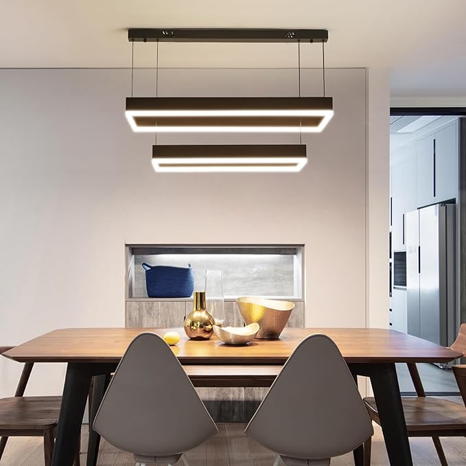 Modern Pendant Light Fixture, LED Black Chandelier for Kitchen Island, 2 Layer Rectangle Adjustable Height, Dimmable 3000K-6500K Ceiling Hanging Light for Dining Room Table, Bedroom, Living Room