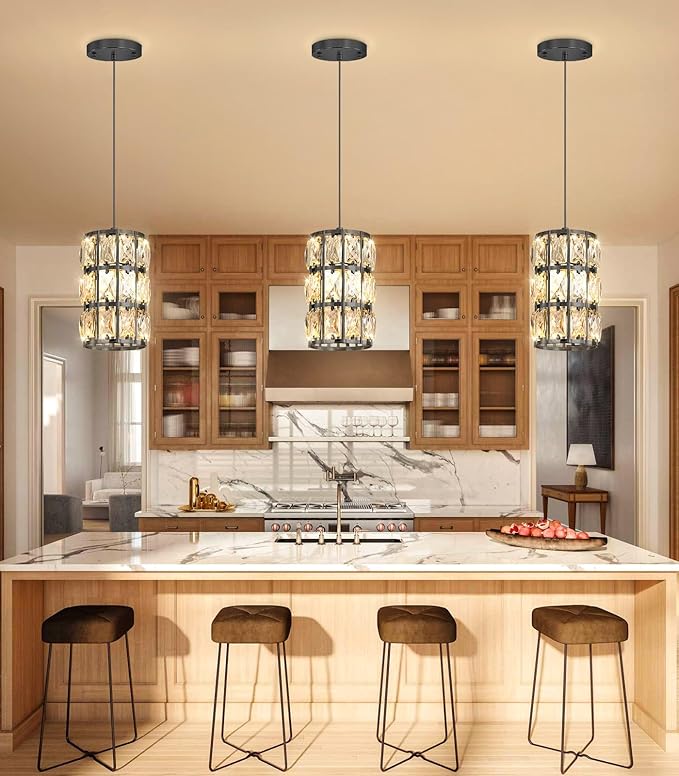 3 Pack Modern Crystal Pendant Lights for Kitchen Island LED Dimmable Glam Pendant Lighting Chandelier for Dining Room Hallway Corner Lamp Gold