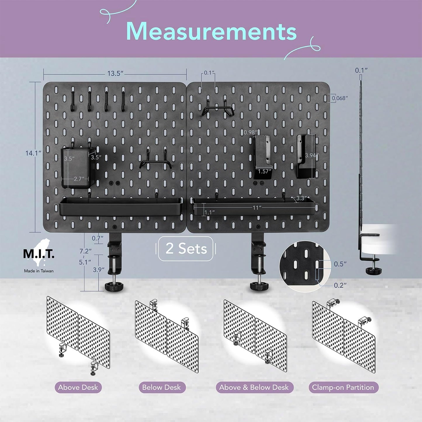 EHO Clamp-On Desk Pegboard, 2Pack (Combined Size 27 x 14 inch) Privacy Divider, Desk Partition Panel, No-Drill Desk Mounted Peg Board Organizer for Office, Gaming, Home, Black