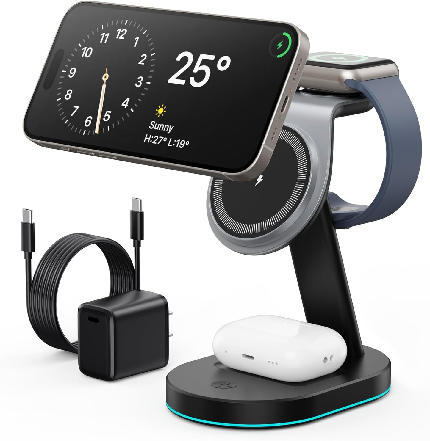 3 in 1 Wireless Charger Charging Station for iPhone,Qi2 Certified 15W Magnetic Charging Stand for Mag-Safe with 30W USB C Adapter&Friendly Night Light for iPhone 16/15/14/13/12,Apple Watch,AirPods