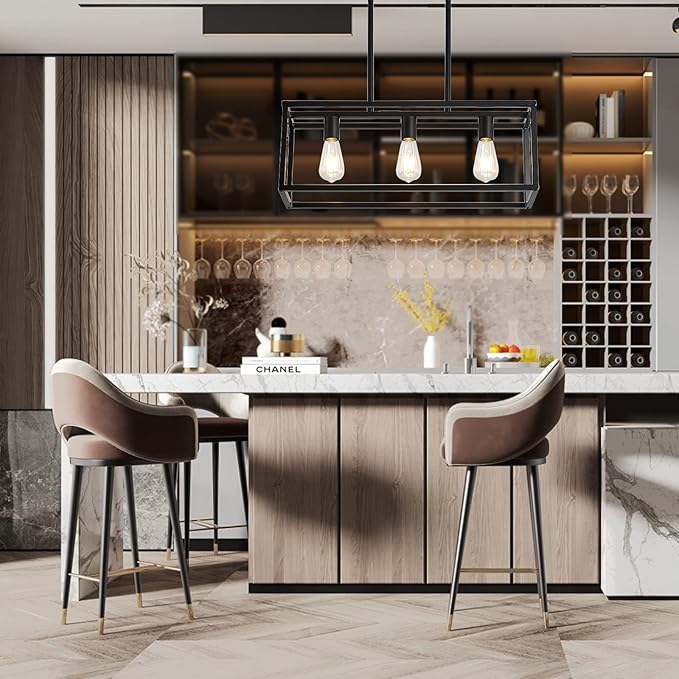 XILICON Kitchen Island Lighting 3 Black Farmhouse Modern Linear Chandelier Industrial Dining Room Rectangular Light Fixtures for Living Room Foyer Bar