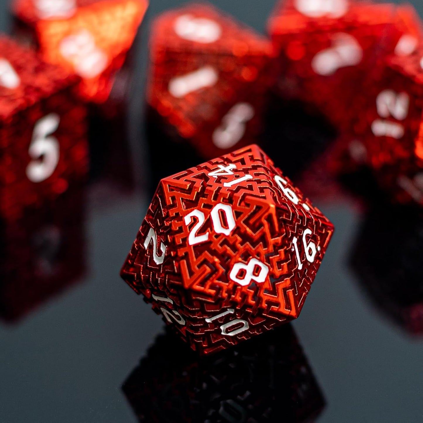 Red Metal Hollow DND Dice Set (Barbarian) Metallic Luster Maze Design with Storage Box - Balanced Weight 7 Piece Zinc Alloy, Designed for Dungeons and Dragons DM and Player RPG Accessories