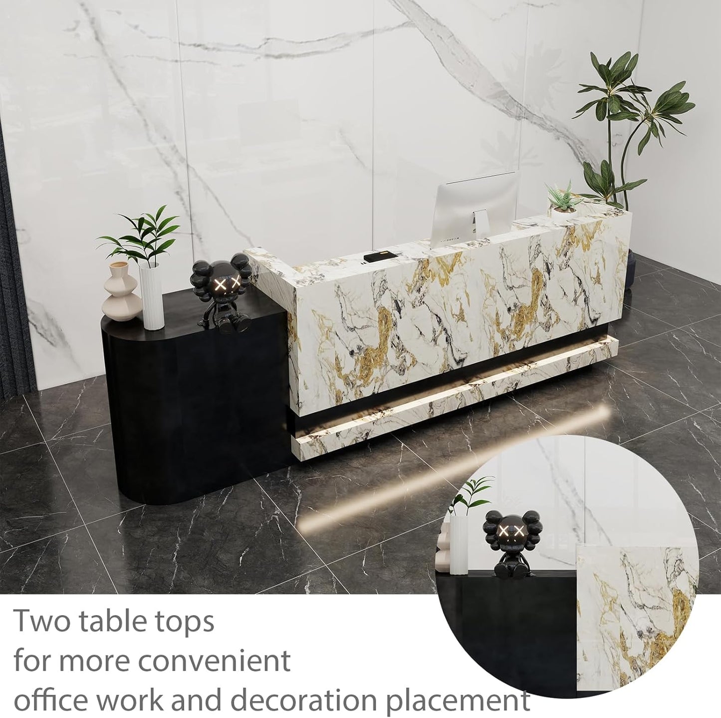 Front Desk Reception Counter - Lockable Storage & Keyboard Tray | Reception Desk with Counter, Customizable Large Counter Table (Grey+White, 96'')
