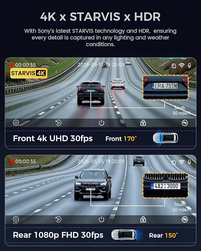 COOLCRAZY 4K Dash Cam Front and Rear with Touch Screen & STARVIS Sensor,5.8Ghz Wi-Fi,GPS,64GB Card,Night Vision Dashcam,G-Sensor,Loop Recording,App Control,24H Parking Monitor Car Camera