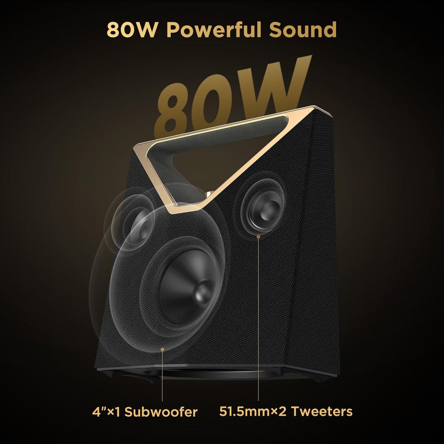 BUGANI Brief Plus Bluetooth Speaker Portable 80W, 12H Long Playtime, Bluetooth Broadcast 100+ Connection, Supports AUX/USB, Outdoor Speaker for Camping, Beach, Party, Golden