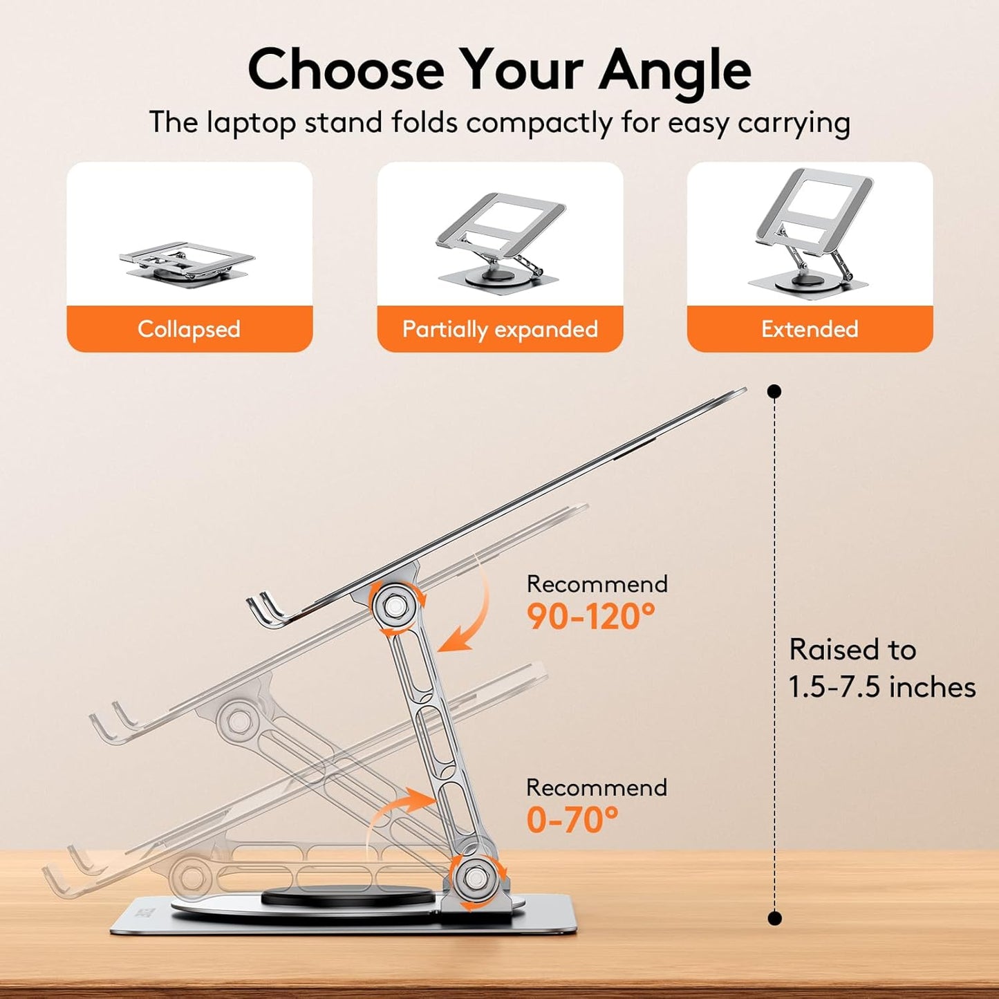 TECKNET Laptop Stand for Desk, 360 Rotating Base, Ergonomic Foldable Computer Stand for Laptop Riser Height Adjustable, Compatible with MacBook Pro, All Laptops 10-17" - Silver