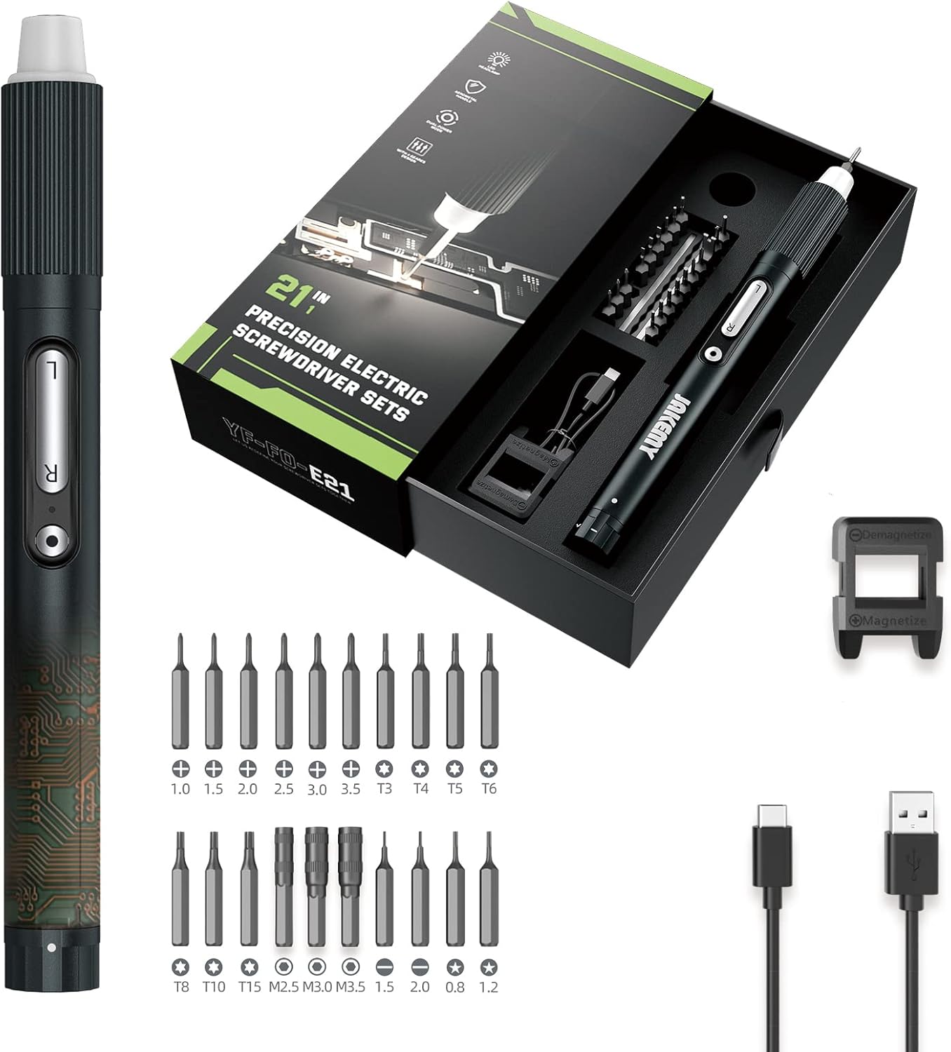 JAKEMY Cordless Electric Screwdriver,Upgraded 3 Gear Adjustable Torque Screwdriver kit Magnetic Precision Power with LED light USB Rechargeable Portable Laptop Repair Tool Kit, (JM-E21B)