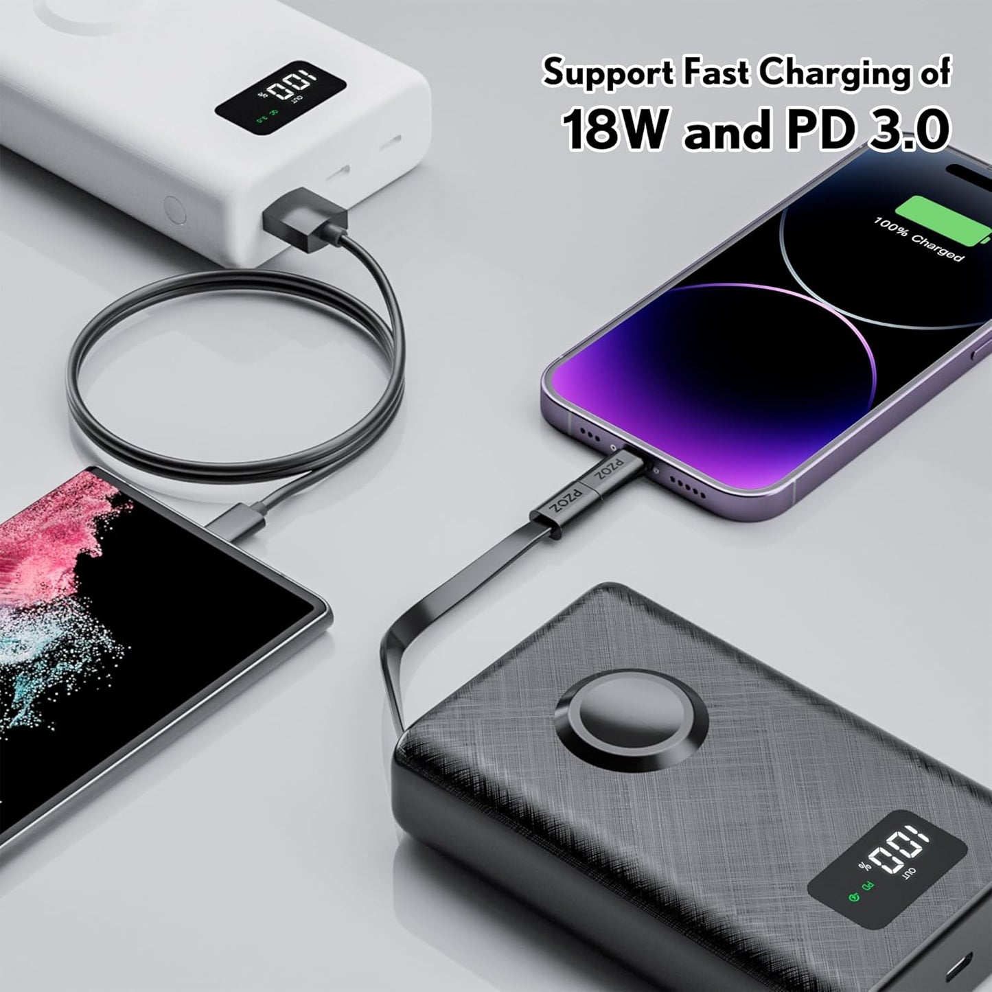 pzoz 20000mAh Portable Power Bank Powerbank Battery Pack with Apple Watch Magnetic Wireless Charger,USB Type C PD Fast Charging Cable Travel High Capacity Compatible iWatch iPhone 16 15 Phone (Black)
