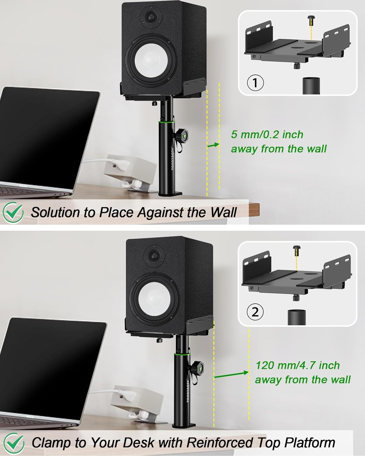 Set of 2 Dual Side Clamping Studio Monitor Stands Desktop Clamp Speaker Stands Height Adjustable Against The Wall Extendable Top Plate Mounted by Screws
