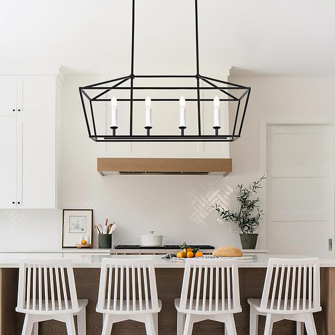 4-Light Kitchen Island Lighting, Modern Black Dining Room Chandelier Over Table Pendant Light Fixture, E12 Bulb Base