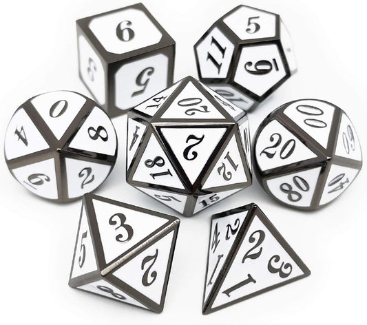Haxtec 7 Die DND Metal Dice Set D&D 7PCS DND Dice of D20 D12 D10 D8 D6 D4 Compatible with Dungeons and Dragons RPG Games-Glossy Enamel Dice (Black White)