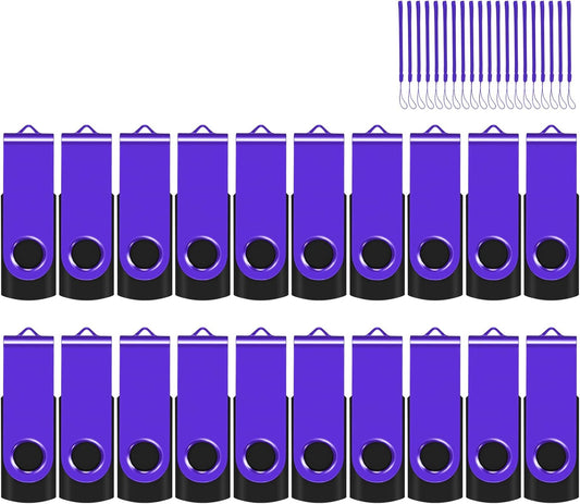 EASTBULLUSB Flash Drive Bulk 16GB 20 Pack with Lanyards USB 2.0 Thumb Drive Bulk Memory Stick Swivel Pen Drive for Storage and Backup 16GB 20 Pack, Purple