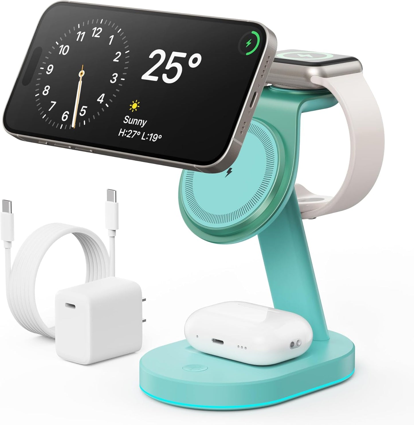 3 in 1 Wireless Charger Charging Station for iPhone,Qi2 Certified 15W Magnetic Charging Stand for Mag-Safe with 30W USB C Adapter&Friendly Night Light for iPhone 16/15/14/13/12,Apple Watch,AirPods