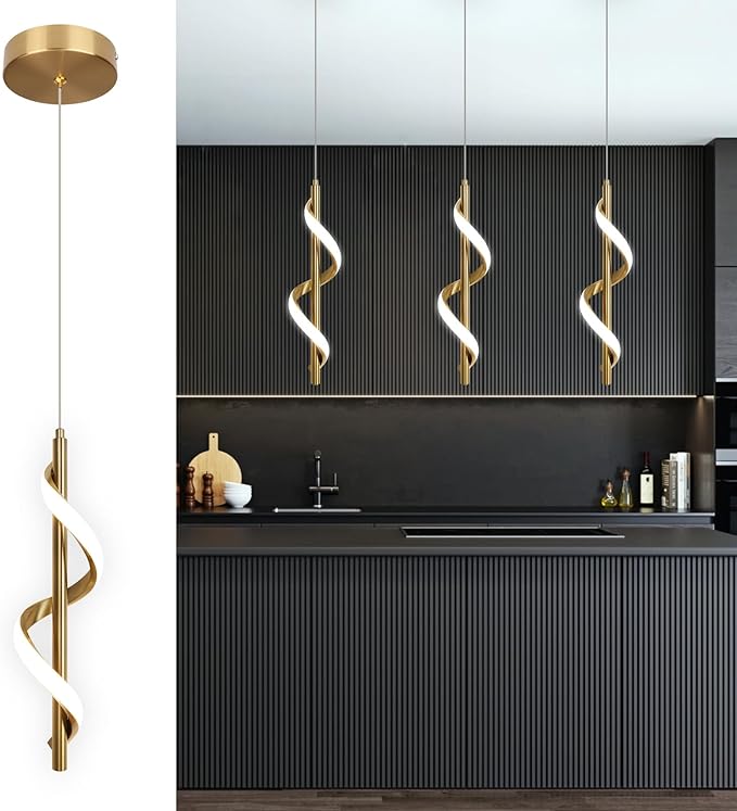 Modern Led Pendant Light Fixtures,6000K Cool White Gold Led Pendant Lighting for Kitchen Island,Adjustable Height Hanging Light Fixtures for Kitchen Dining Room Living Room,1 Pack