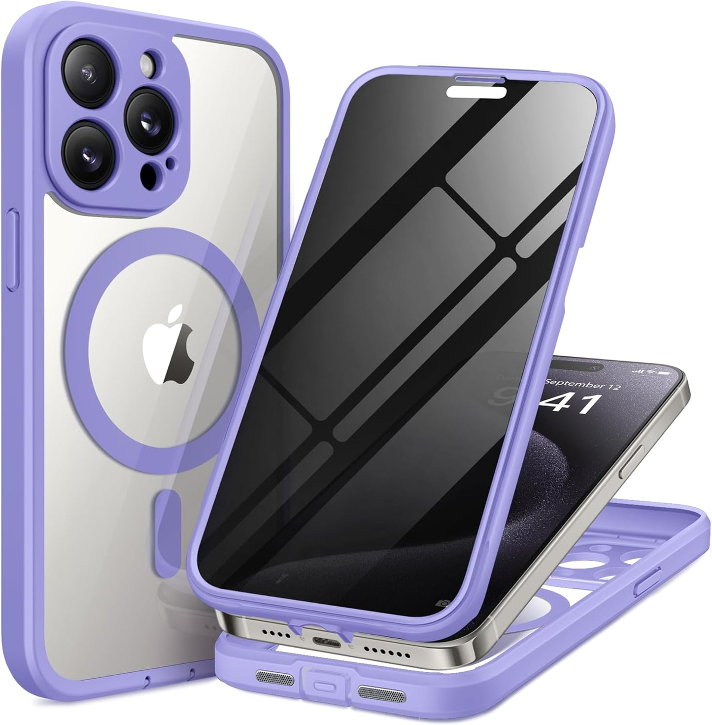 Magnetic for iPhone 15 Pro Case, Compatible with MagSafe, Built-in Privacy Screen Protector and Camera Protection, Anti Spy Full Body Dustproof Shockproof Hard Phone Case 6.1", Light Purple