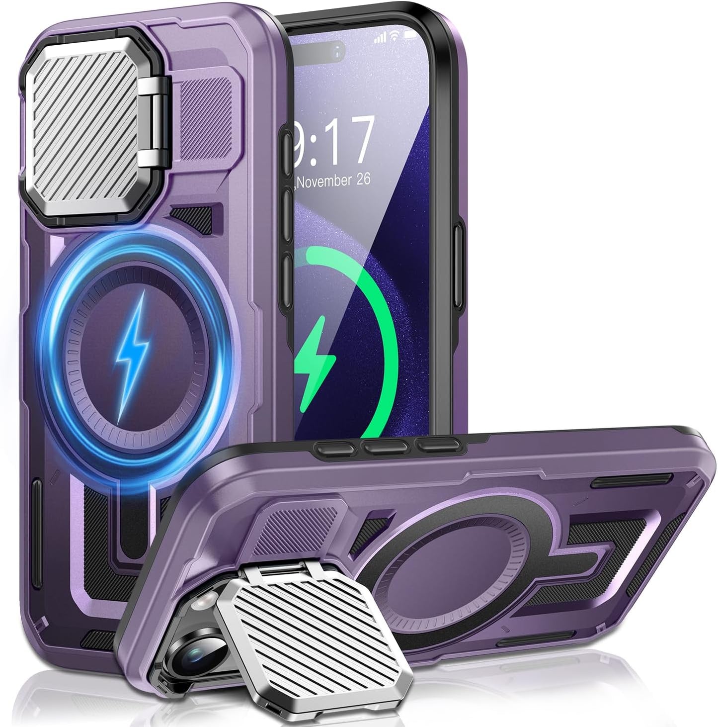 Camera Stand Case for iPhone 15 Pro, [Compatible with Mag Safe] [Lens Cover] 2024 Version Military Grade Protective Soft Case for iPhone 15 Pro 6.1 inch Men Women, Purple