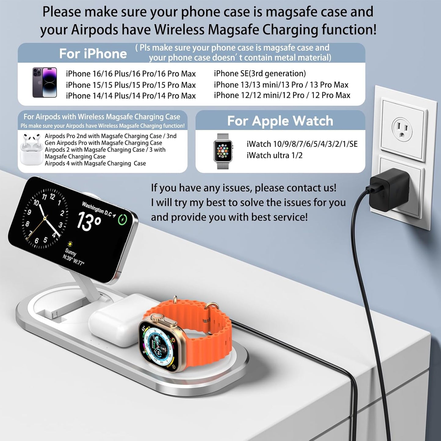 3 in 1 Wireless Charger for iPhone, Foldable Charging Station for Magsafe for iPhone 16/15/14/13/12/Pro Max/Pro/Mini/Plus, Apple Watch 10/9/8/7/SE/6/5/4/3/2/1/Ultra2/Ultra, AirPods pro/2/3/4 (Silver)