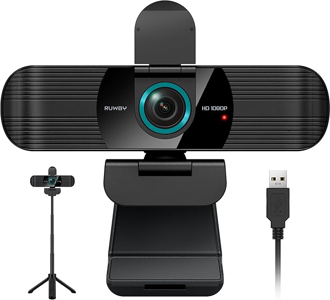 RUWBY Full HD 1080P Webcam with Built-in Dual Mics, Wide-Angle Lens, Privacy Cover, Tripod Stand, Autofocus Computer Camera, Plug and Play for Desktop PC or Laptop
