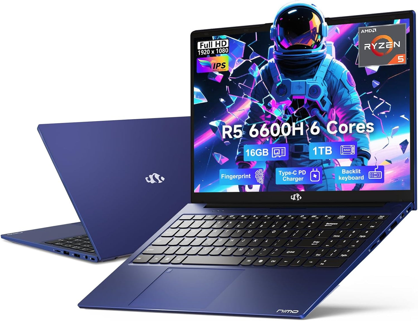 NIMO 15.6" IPS FHD-Gaming-Laptop, AMD Ryzen 5 6600H 6-Cores 660M GPU 16GB DDR5 RAM 1TB SSD(Beat i7-1165G7, Up to 4.5GHz) Computer with 100W GaN Type C Fingerprint Backlit Keyboard Win 11