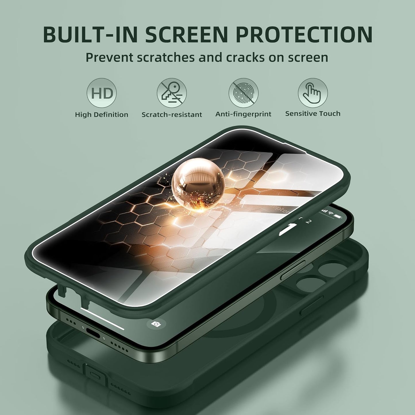 BERFY Magnetic for iPhone 13 Pro Max Case, Compatible with MagSafe, Built-in Privacy Screen Protector and Upgraded Camera Protection, Anti-Spy Full Body Shockproof Phone Case for 13 Pro Max 6.7",Green