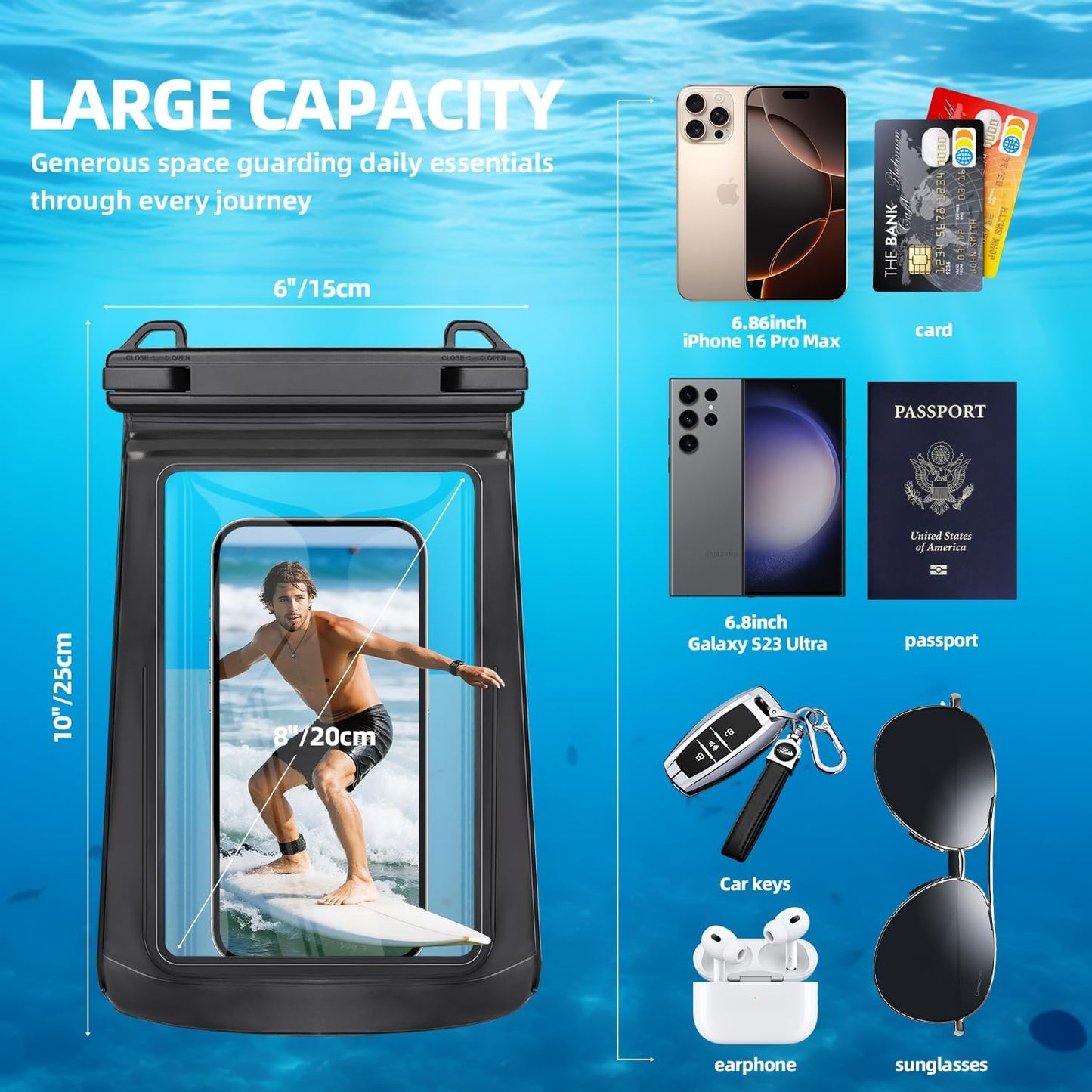 Large Waterproof Phone Pouch，Double Sealing Floating Waterproof Bag Cell Phone Dry Bag Up to 7.5", Beach Vacation Essentials Water Park Essentials(Black)