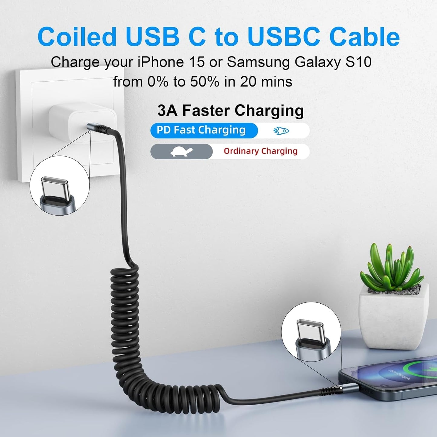 USB C to USB C Cable 6ft, 2Pack Coiled Charger for Car, Type C Fast Charging for iPhone 16/15/Plus/Pro/Pro Max/MacBook Pro 2020/iPad Pro 2020/iPad Air 4/Samsung Galaxy S23