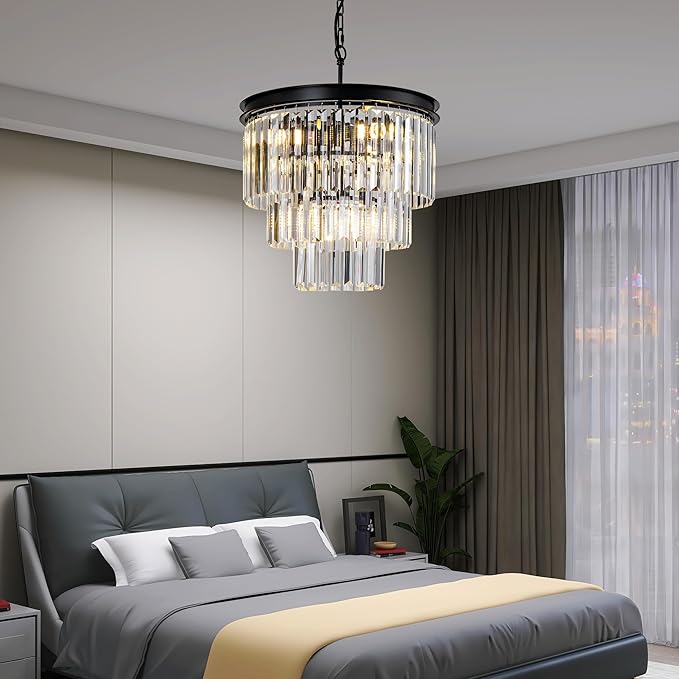 Round Crystal Chandelier 6-Lights 15.8" Black K9 Crystal Pendant Lights 3-Tier Luxury Hanging Dining Room Light Fixture for Living Room Bedroom Kitchen Island Entryway Hallway