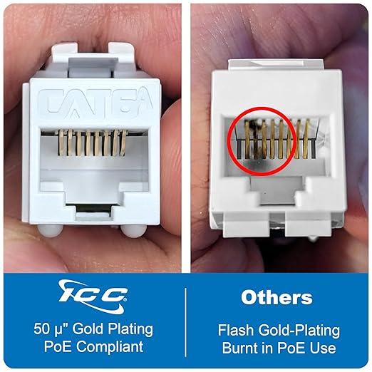 ICC CAT6A Keystone Jack with Slim Profile 180 Degree Punch Down, 10Gbps RJ45 UL Listed PoE++ TAA Compliant for Wall Plate or Patch Panel, Works with JackEasy Termination Tool, White 10 Pack