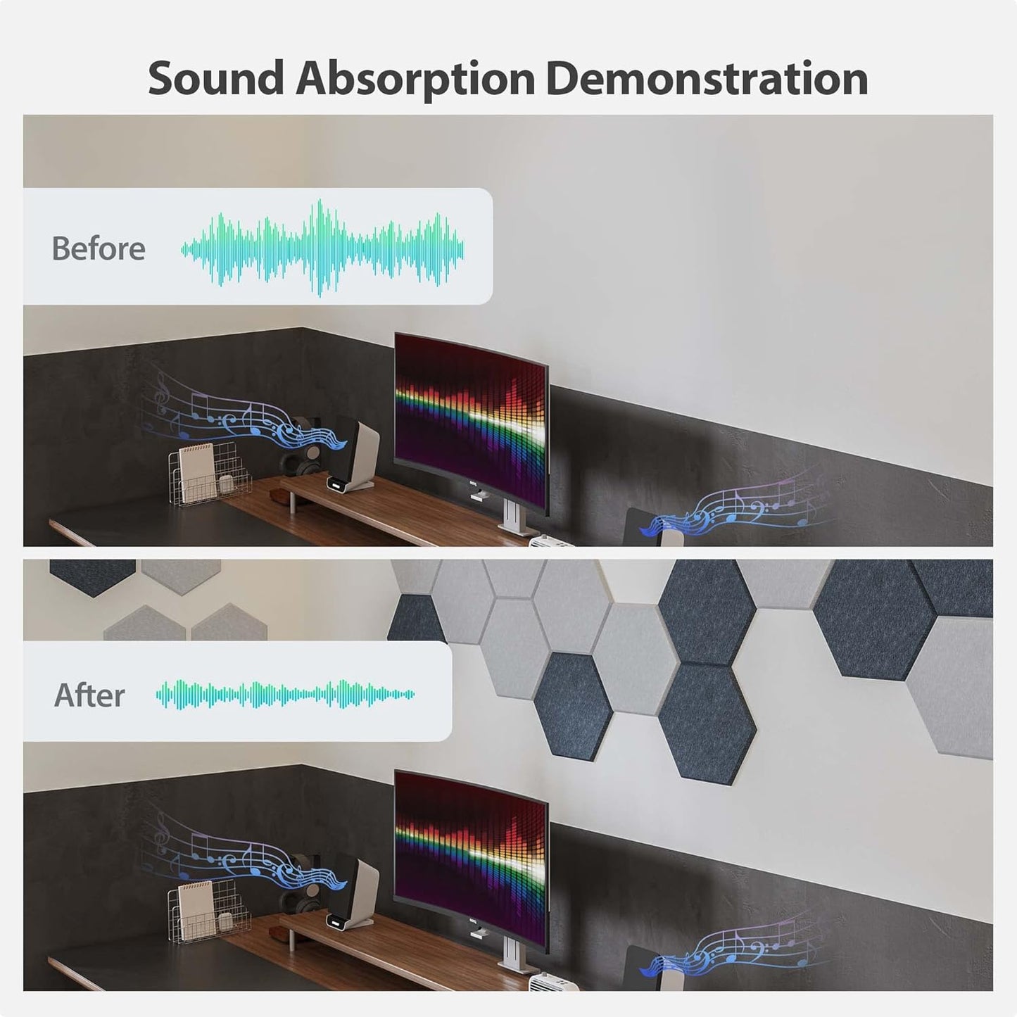 12 Pack Acoustic Panels Self Adhesive Sound Proof Foam, High Density Sound Acoustic Foam Panel, 12X10.23X0.4 Inch Hexagon Wall Panels in Home,Office,Reccording Room,Studio(Black)