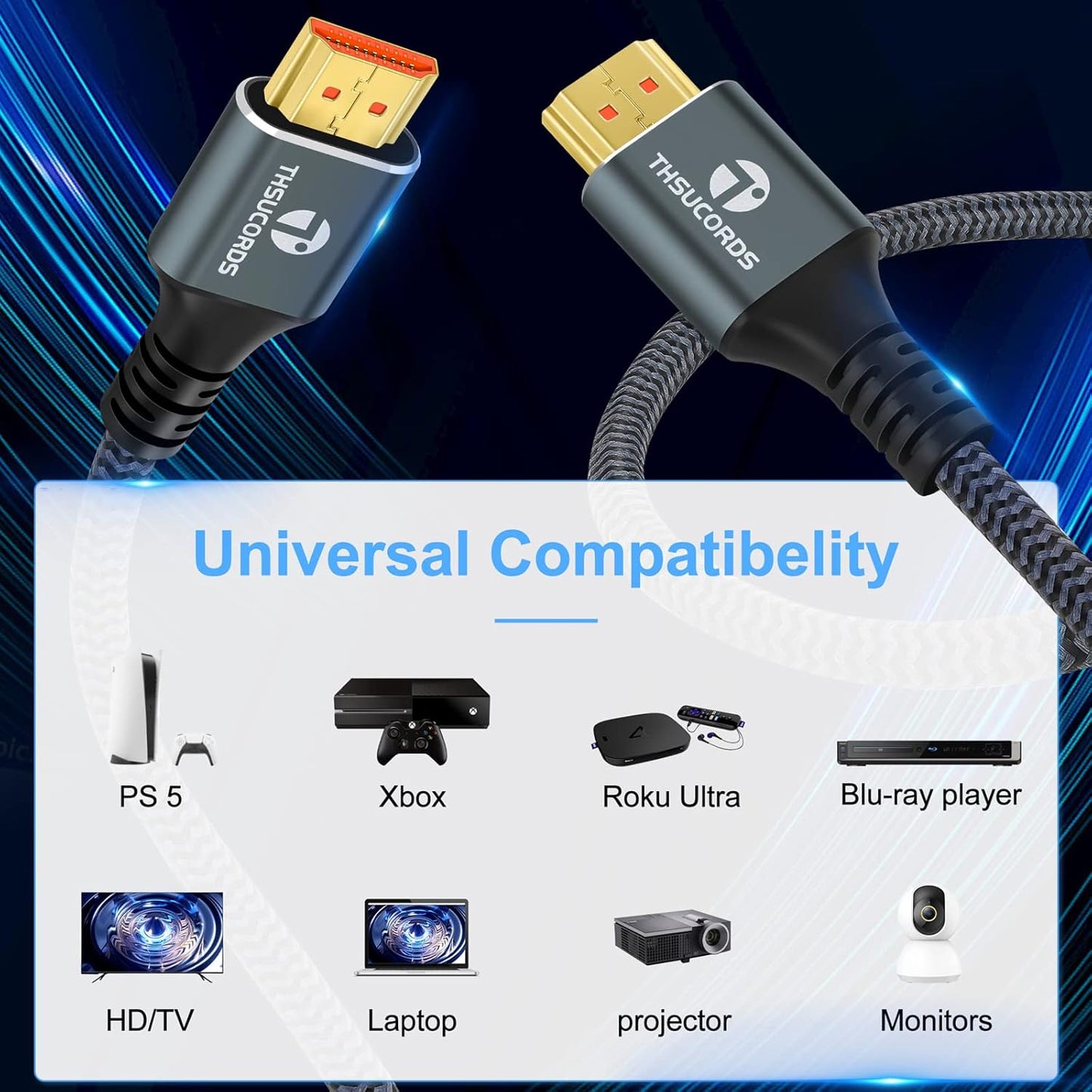 8K 4K HDMI Cable 3.3FT, High Speed Braided HDMI to HDMI 2.1 Cord Supports 8K@60Hz, 4K@120Hz 144Hz 48Gbps Compatible with Roku TV/PS5/HDTV/Blu-ray