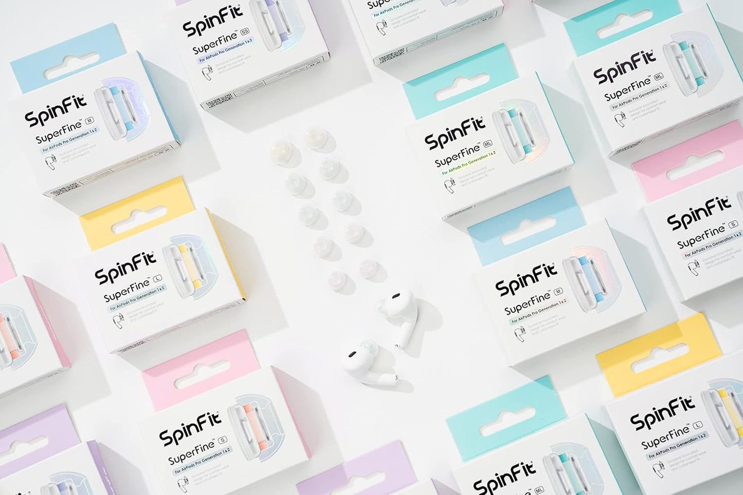 SpinFit Superfine for AirPods Pro Gen 1 & 2 - M - Medical Grade Silicone Patented Replacement Ear Tips and Adapters for Supreme Comfort (one Pair)(Ear Tips Installed)
