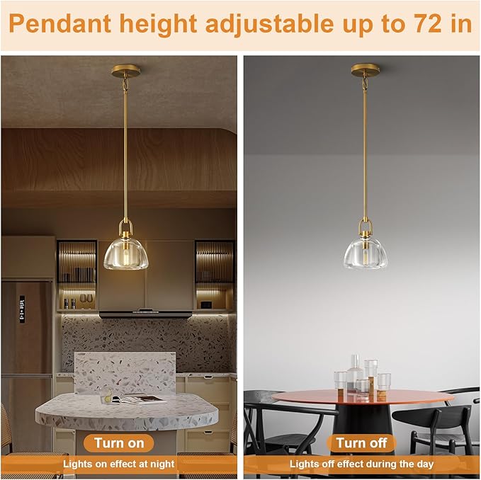Pendant Light Fixture, 7" Glass Modern Brass Pendant Lights Kitchen Island, Hanging Glass Dome Pendant, Gold Kitchen Pendant Lighting Over Island,E12 Bulb Included, 2PCS
