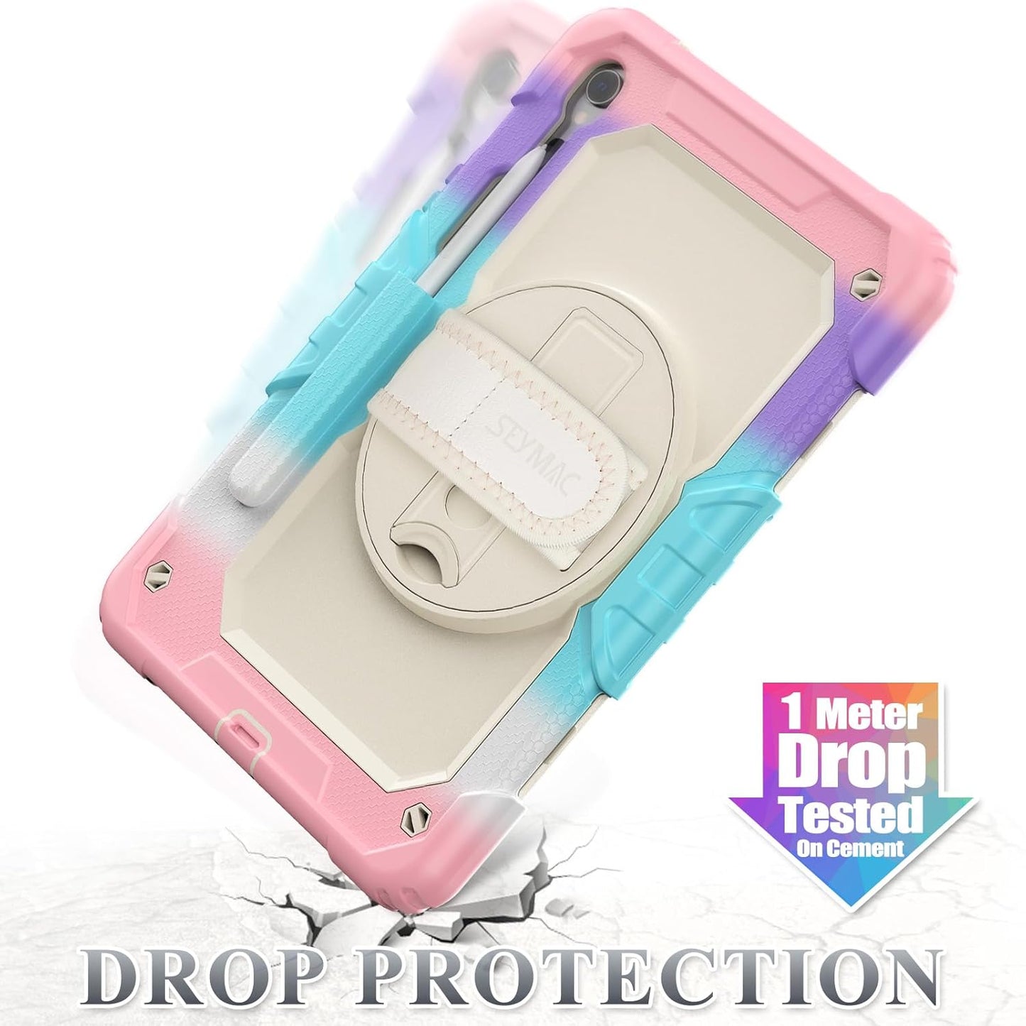 SEYMAC stock Case for Samsung Galaxy Tab S10 FE / S9 / S9 FE 5G Tablet Case Protective with Screen Protector, Pencil Holder, 360 Rotate Stand, Hand Strap, Shoulder Strap, Beige+Pink