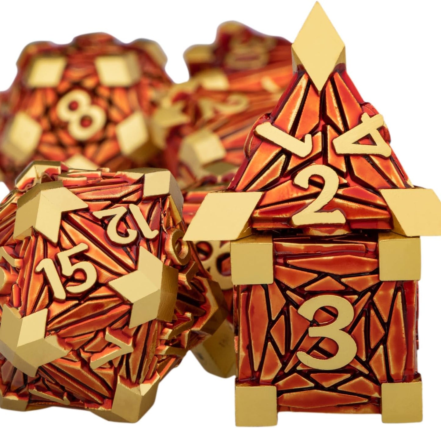 Metal DND Dice Set Golden Red Debris RPG D and D Dice for use with D&D Tabletop Games Role Playing Game Polyhedral Dice Set with Box D20 D12 D10 D8 D6 D4