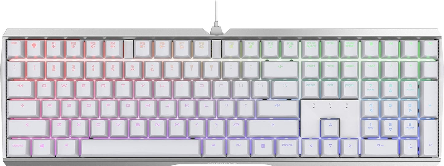 Cherry MX 3.0 S Wired Mechanical Gaming Keyboard. Aluminum Housing Built for Gamers w/MX Red Switches. RGB Backlit Color Display Over 16m Colors. from The Makers of MX. Full Size. Pure White.