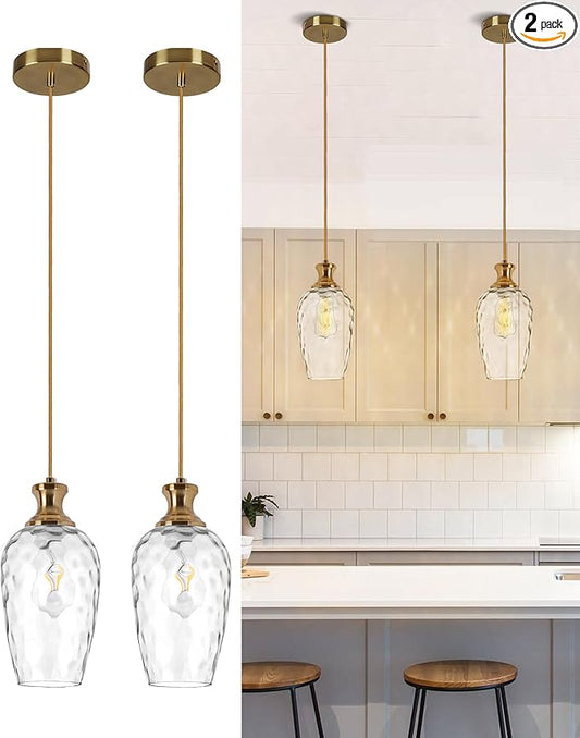 2 Pack Farmhouse Pendant Lights, Modern Hanging Ceiling Lights with Hammered Glass in Brushed Brass Gold for Dining Room Kitchen Island Over Table