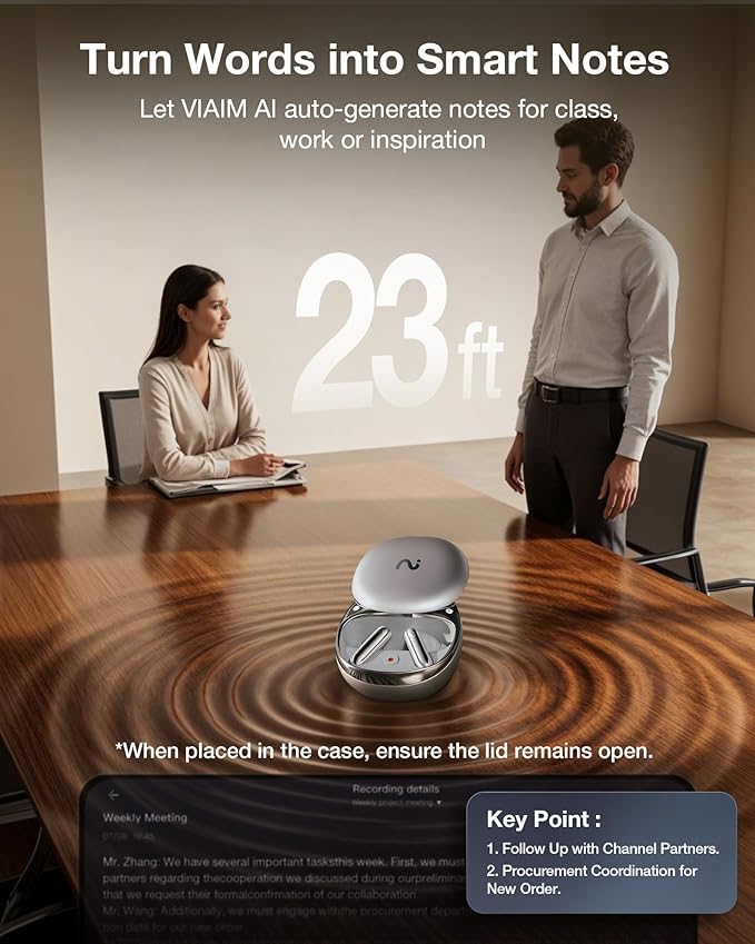 RecDot AI Voice Recorder Earbuds, viaim AI Meeting Assistant with Transcription, 78 Languages, FlashRecord, to-Do Lists & Summaries with viaim AI, 48dB ANC for Meetings, Interviews & Lectures, Sliver