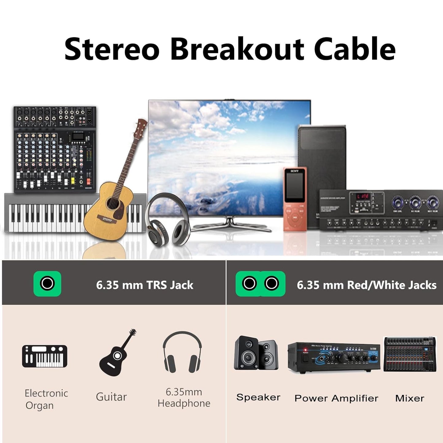 Devinal TRS to Dual TS Breakout Cable - 1/4" Female Stereo to Dual 6.35mm TS Male Adapter & 6.35mm Female to 2 x 1/4" Mono Y Splitter - 1 ft