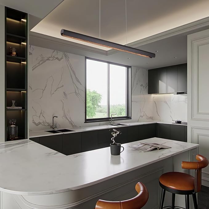 39inch Integrated Led Pendant Light,24w Dimmable Wood Linear Pendant Lighting,Led Modern Island Light with Black Finish,for Kitchen Island,Dining Room,Billiard & Pool Lights