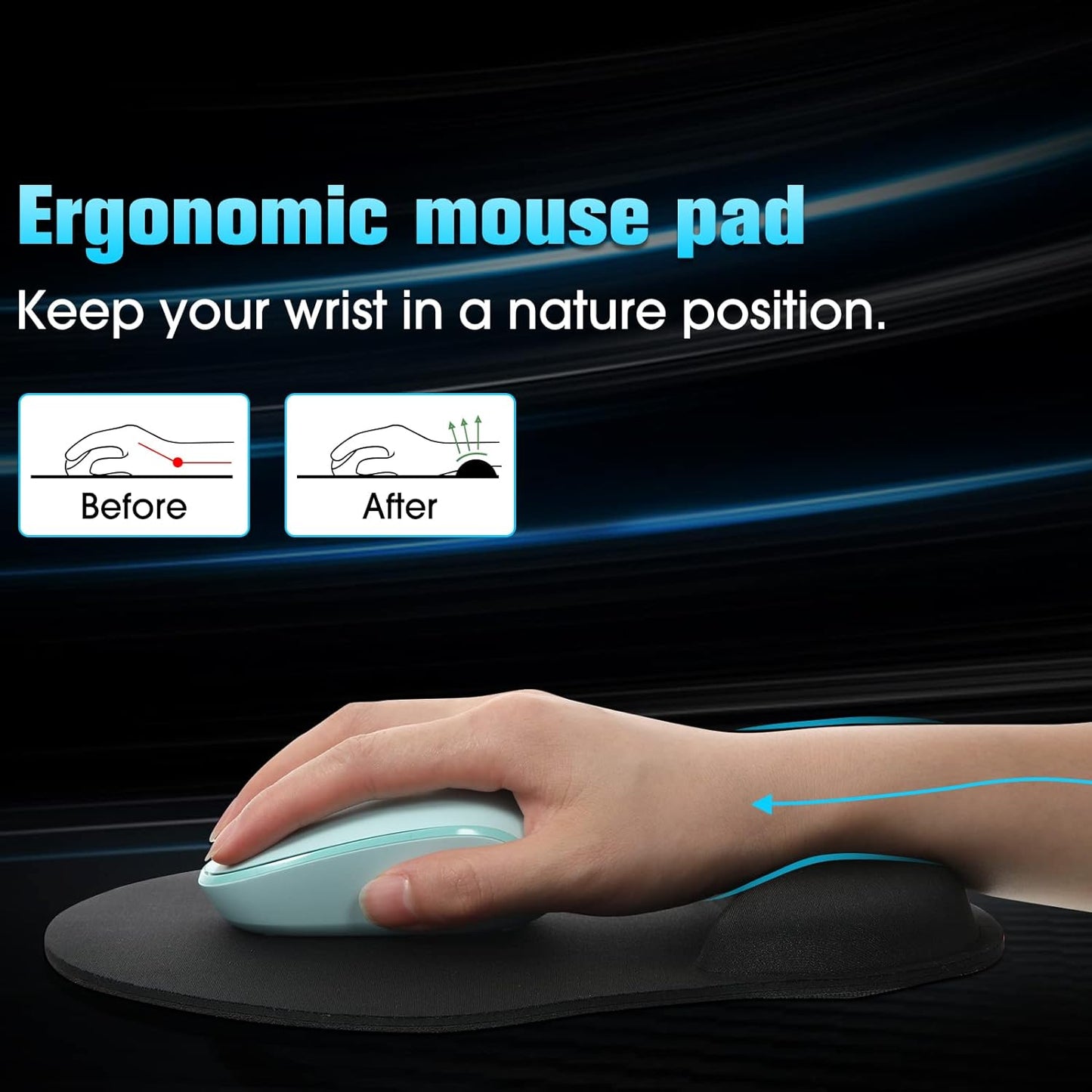 Yunsailing 8 Pack Ergonomic Mouse Pad with Wrist Rest Support Gel Memory Foam Mouse Pad Comfortable Computer Mouse Pad for Laptop Pain Relief Mousepad for Laptop, Computer, Gaming (Solid Black Style)