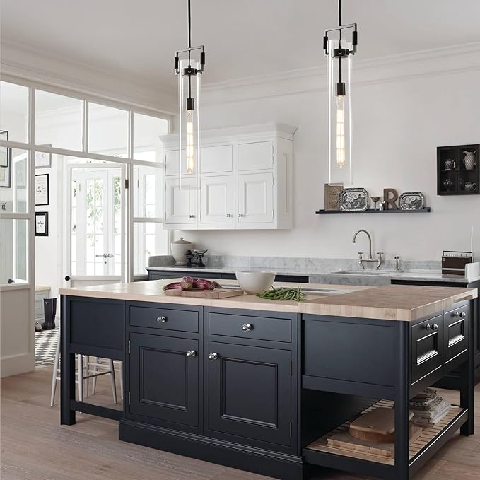 Matte Black Glass Pendant Light: Modern Knurled copper Pendant Lights Kitchen Island Set of 2 - Industrial Hanging Light Fixtures with Long Tube - Height Adjustable Pendants Lighting for Living Room