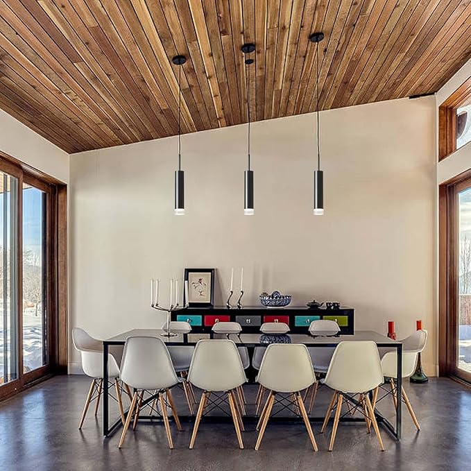 KCO Lighting Mid Century Modern Black Metal LED Pendant Light Nordic Minimalist Cylinder Hanging Kitchen Island Lighting Adjustable Mini Farmhouse Long Tube Dining Pendant Lighting