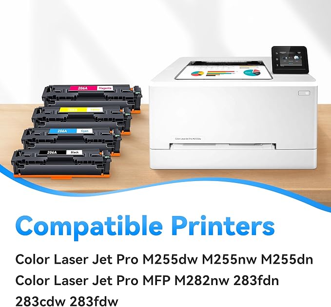 206A Toner Cartridge 4 Pack High Yield Replacement for M283fdw M283cdw Toner Compatible for 206A 206X Work for HP Color LaserJet Pro M255dw M255nw MFP M283fdw M283cdw M282nw M283fdn Printer(BK/C/Y/M)