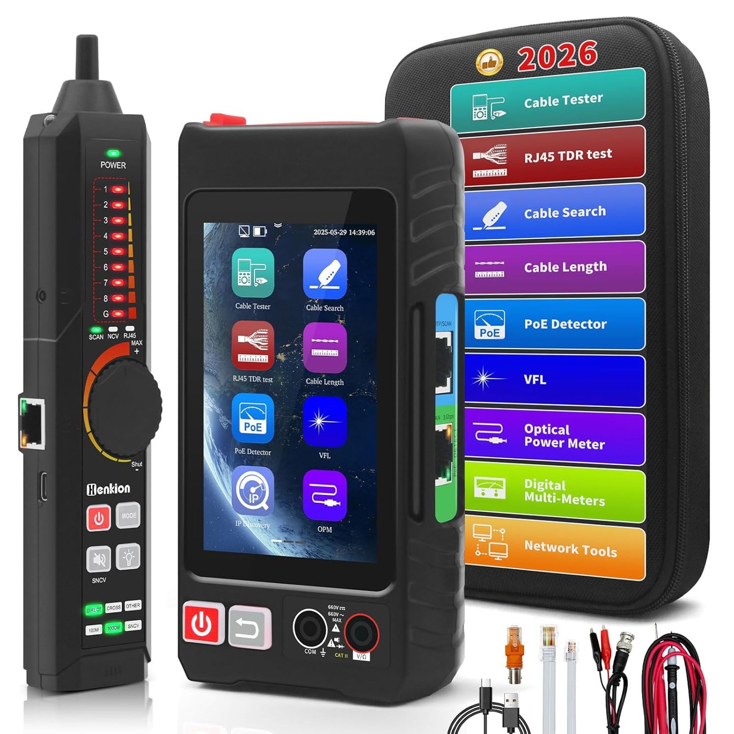 Multifunction RJ45 Network Caber Tester, UTP Cable Tester Ethernet Cable Tracer, 4" IPS Touch Screen Support Network Tools, Digital Multi-Meter, VFL,OPM, POE++ Detect,RJ45 TDR, Cable Length,NCV